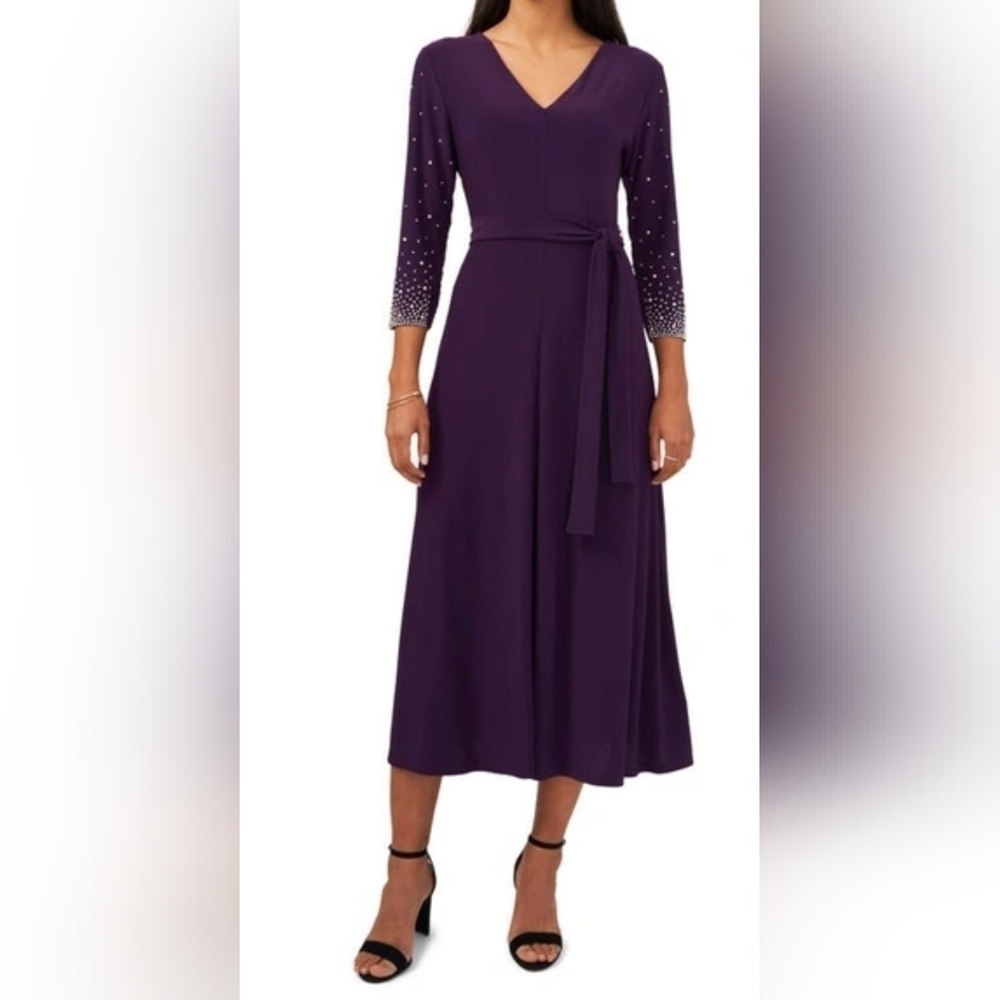 Chaus Burgundy 3/4 Sleeve V-NECK Front Tie Tea Length Beaded Dress Size Small